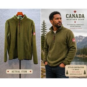 Canada Weather Gear Fleece Pullover Men's Large Olive‎ Green Excellent 1/4 Zip